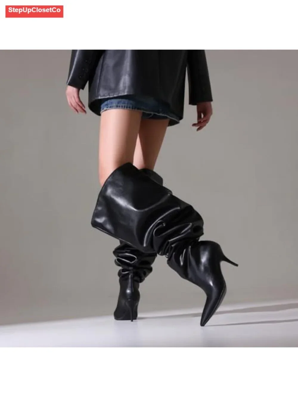 Wide Calf Stiletto Heel Over the Knee Pointed Toe Slouchy Pull On Long Boots